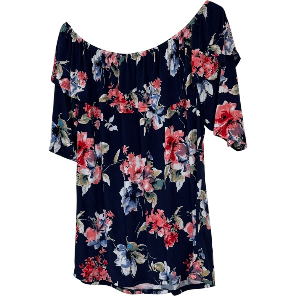 Banabee Womens Off Shoulder Floral Ruffle Top Navy Pink Blue Short Sleeve Size M - Picture 10 of 12
